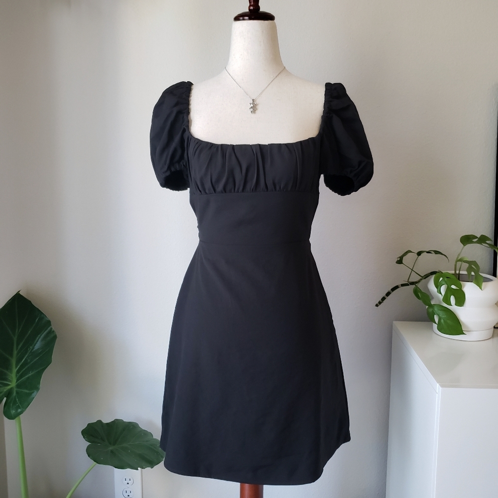 Black Puff-Sleeve Square Neck Lace-up Back A-Line Mini Dress
